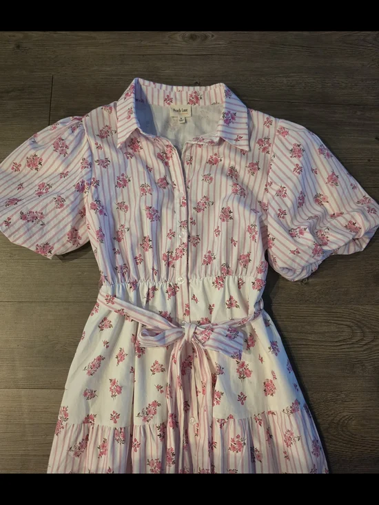 Peach Love California Pink Floral Tiered Maxi Shirt Dress with Belt - Picture 3 of 3